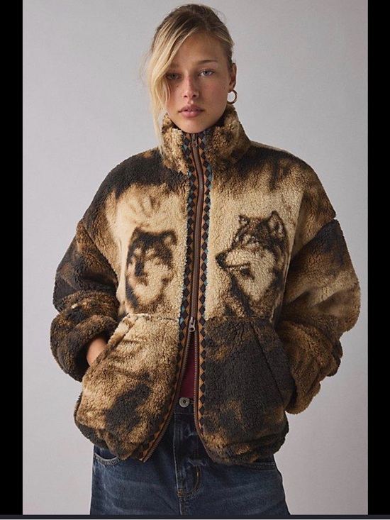 BDG Wolf-Print Teddy Jacket Brown & Black